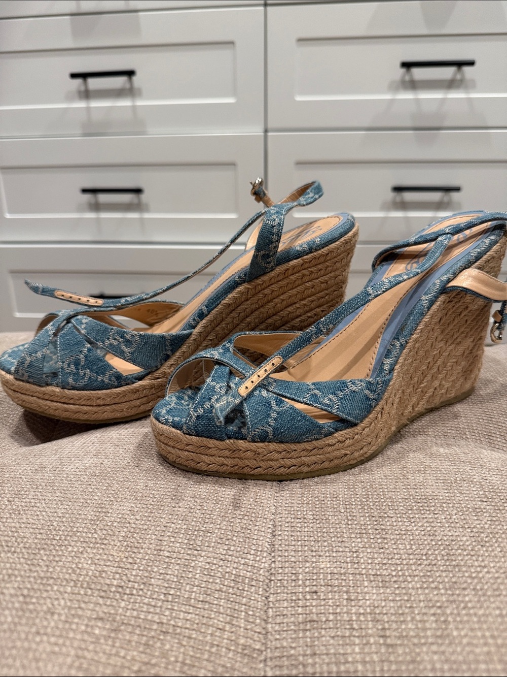 Vintage Gucci Denim Blue Espadrille Wedge Sandals - Women